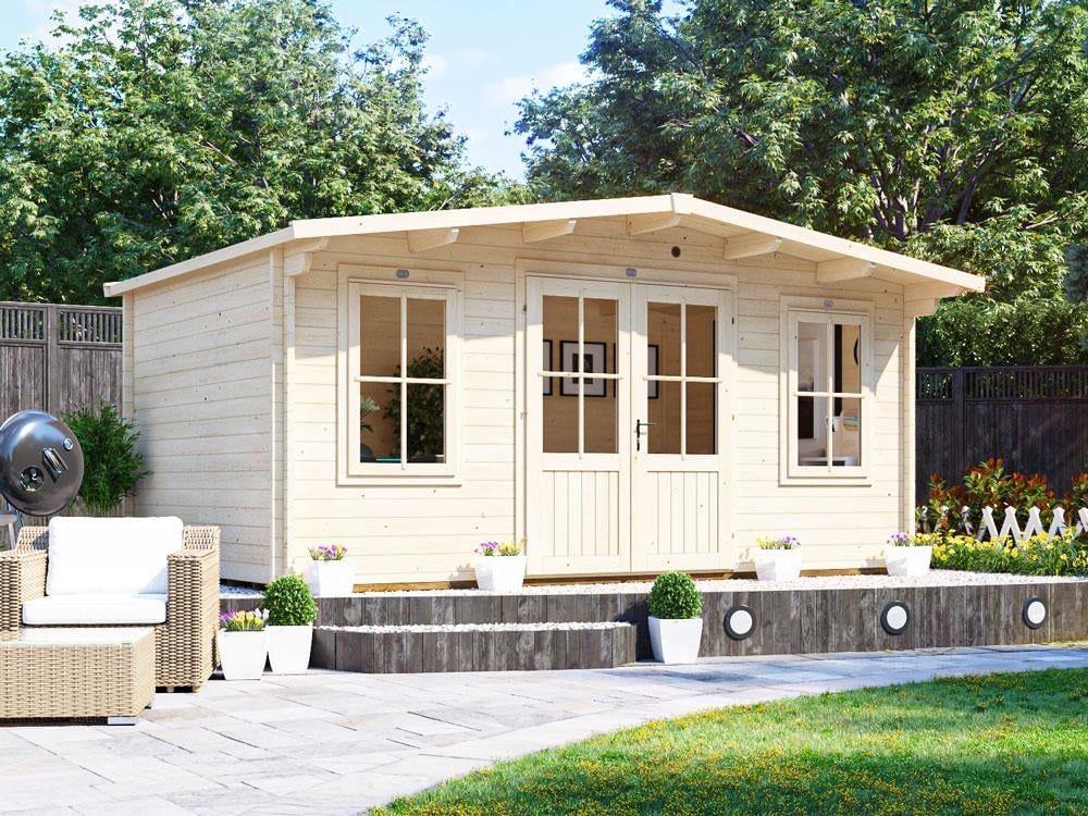 Timber garden room with double doors and landscaped patio
