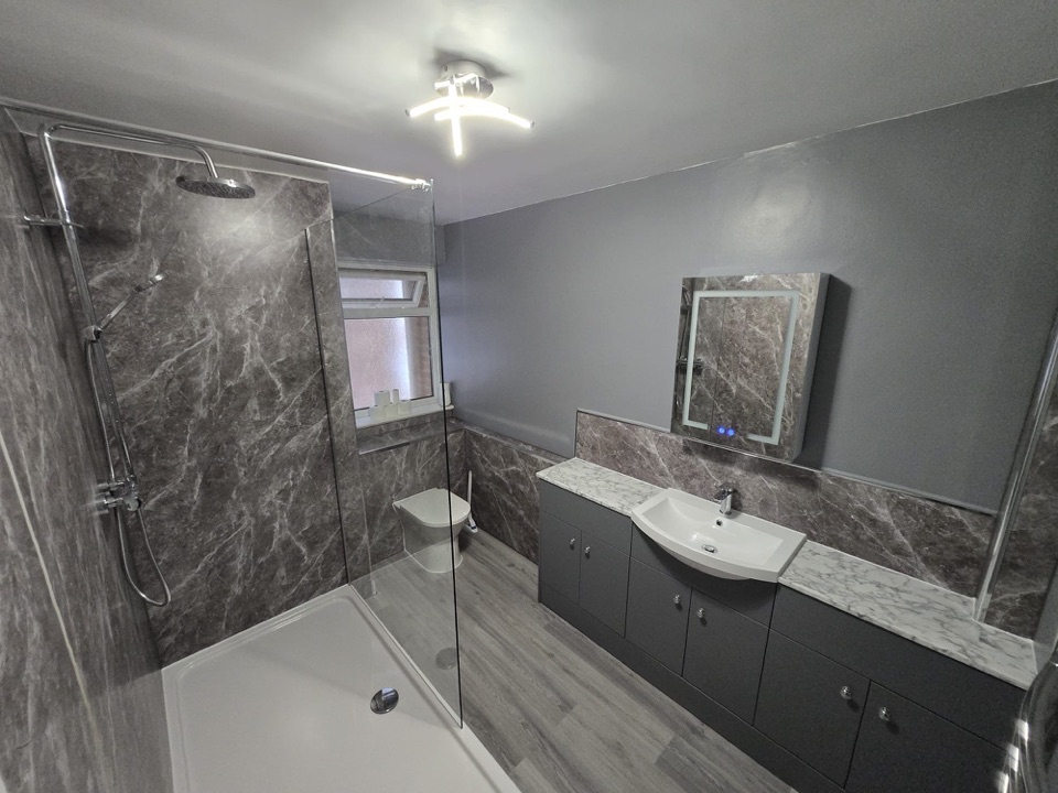 Modern grey bathroom with walk-in shower, vanity unit and mirror cabinet